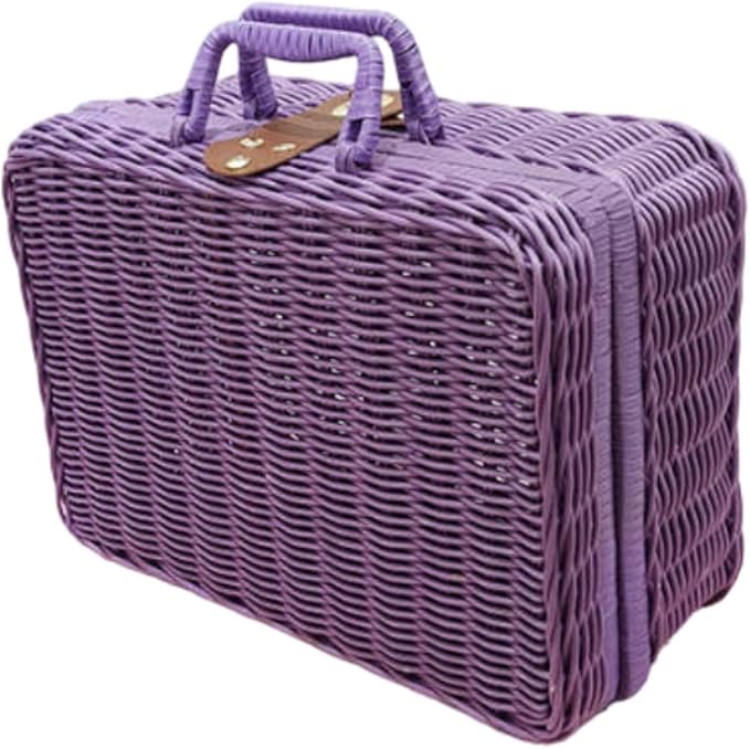 Woven Suitcase Imitation Rattan Storage Basket Gift Box Rustic Picnic Suitcase Handwoven Storage Case for Travelling Bathroom, Violet XL