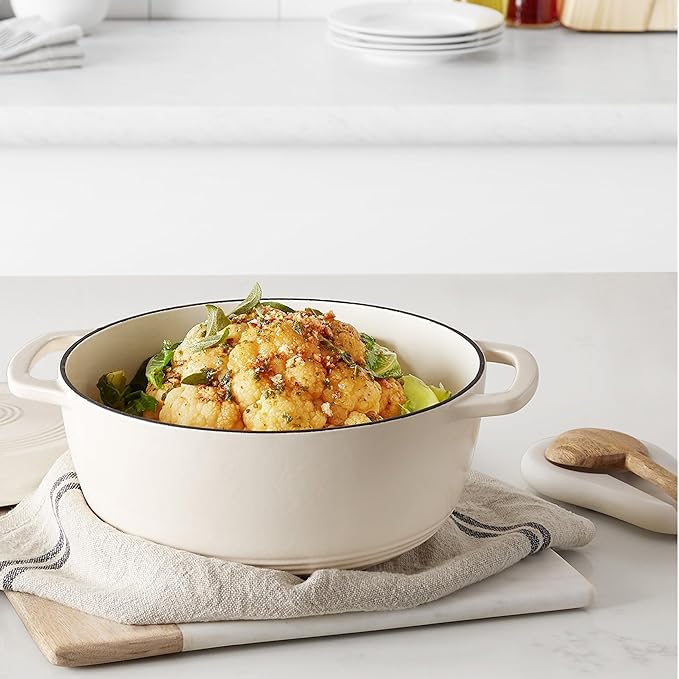 Amazon Basics Enameled Cast Iron Dutch Oven Pot with Lid, Oven Safe, Heavy-Duty, Dual Handles for Baking, Roasting, Stews, 4.3-Quart, White