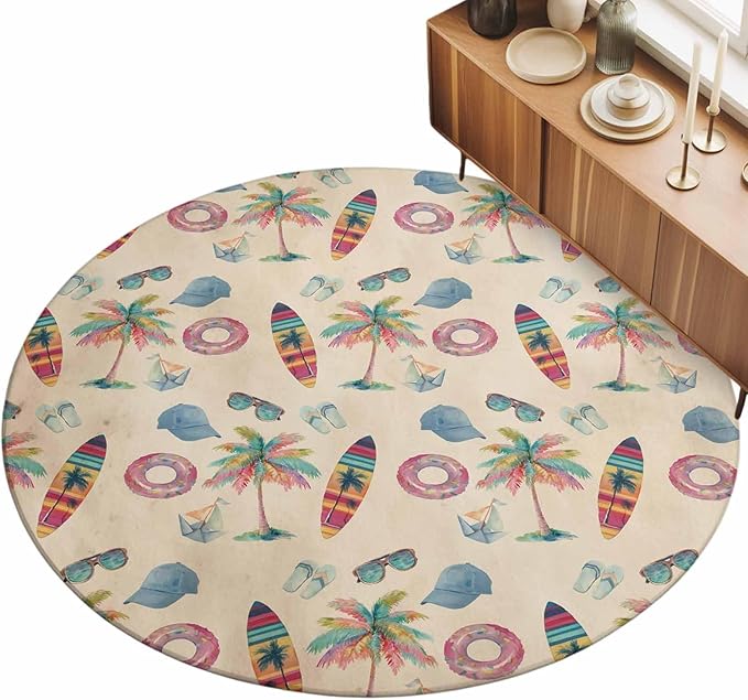 Washable Round Area Rug Summer Surfboard Coconut Tree Circle Rugs Floor Carpet for Living Room Bedroom, Coastal Vintage Plants Soft Non Slip Round Rug 3ft