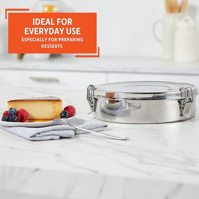 IMUSA 1.5Qt Stainless Steel Flan Mold with Lid, Round Baking Pan for Flan, Cheesecake, Pudding, and Desserts, Silver