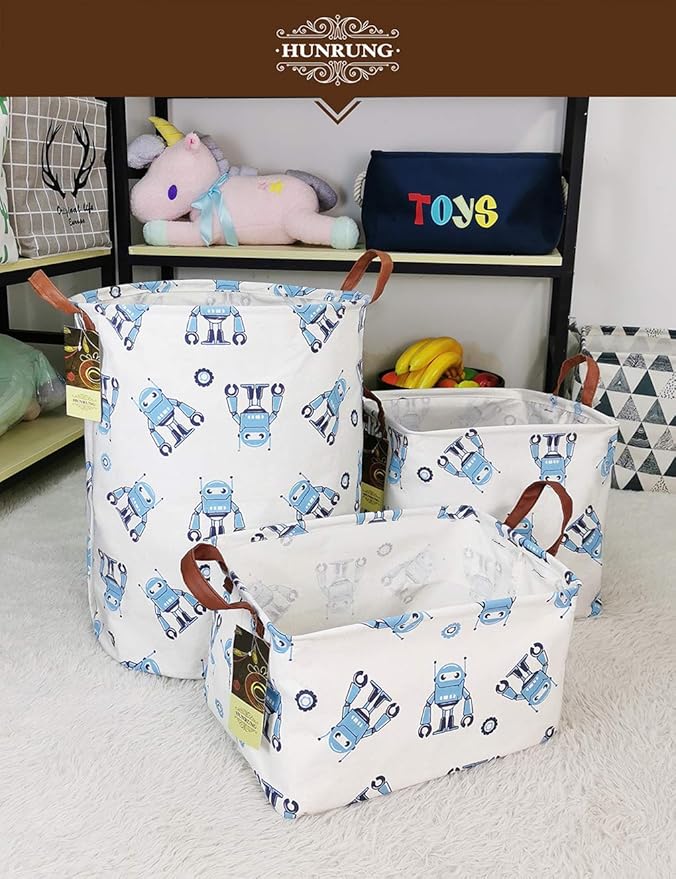 HUNRUNG Square Storage Bins Nursery Hamper Canvas Laundry Basket Foldable with Waterproof Nursery Boxes for Shelves/Gift Baskets/Toy Organizer/Office, Bedroom (Square-Blue robot)