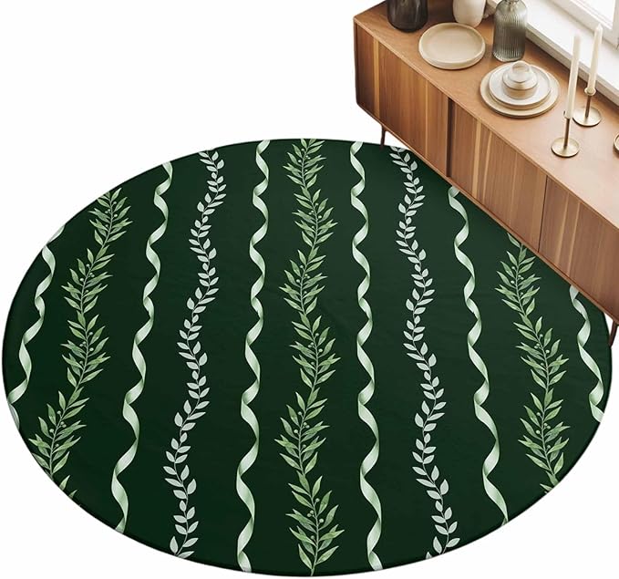 Washable Round Area Rug Botanical Leaves Green Ribbons Circle Rugs Floor Carpet for Living Room Bedroom, Summer Foliage Plant Soft Non Slip Round Rug 5ft