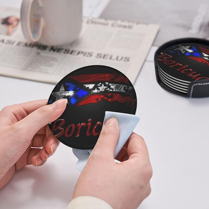 Puerto Rico Leather Drinks Coasters with Holder, Set of 6, Suitable for Various Cups