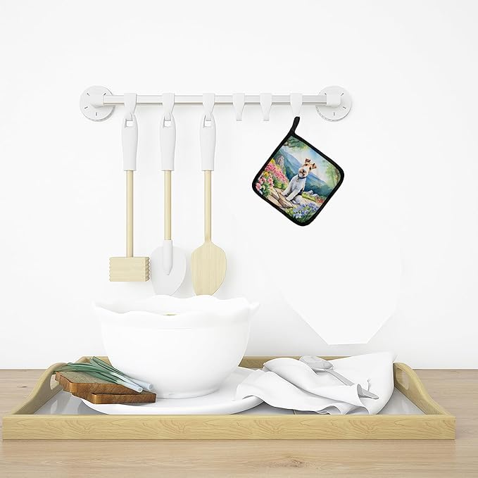 Caroline's Treasures Fox Terrier Spring Path Pair of Pot Holders Kitchen Heat Resistant Pot Holders Sets Oven Hot Pads for Cooking Baking BBQ, 7 1/2 x 7 1/2