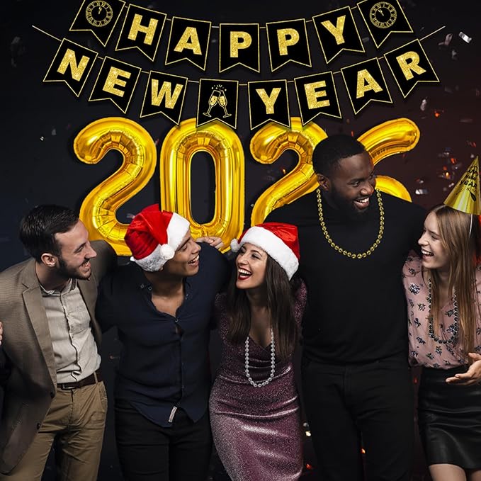 New Years Eve Party Supplies 2026 for 24, New Years Eve Party Decorations, a Banner, 12 Hat, 12 Glasses, 24 Blowouts, 12 Leis, 12 Necklaces 2 Foil Fringe Curtains,32 Inches "2026" Foil Balloons