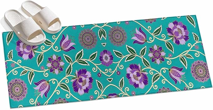 Runner Rug for Bedroom Hallway, Bohemian Purple Flowers Kitchen Runner Rugs Area Rug 2x6ft, Paisley Floral Art Washable Soft Floor Carpet for Entryway Stair