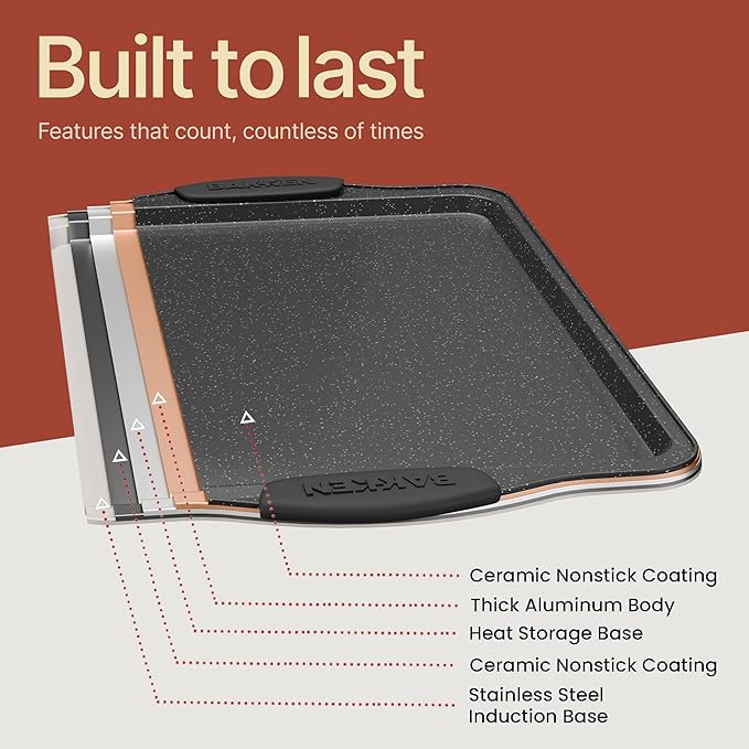 BAKKEN Cookie Sheets for Baking Nonstick Set - 3-Piece Stackable Carbon Steel Baking Sheet Pans Set with Silicone Handles, Non Toxic Cookie Sheets for Baking Bakeware Set - Gray Marble