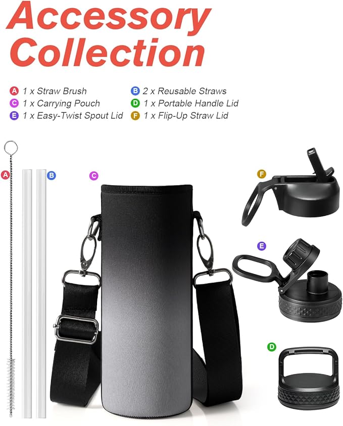 Coolflask Water Bottle 24 oz Insulated with Straw, Stainless Steel Metal 3 Lids Water Flask Wide Mouth for Sports or Office, Non-BPA Keep Cold Up to 48 Hrs or Hot Up to 24 Hrs, Piano Night