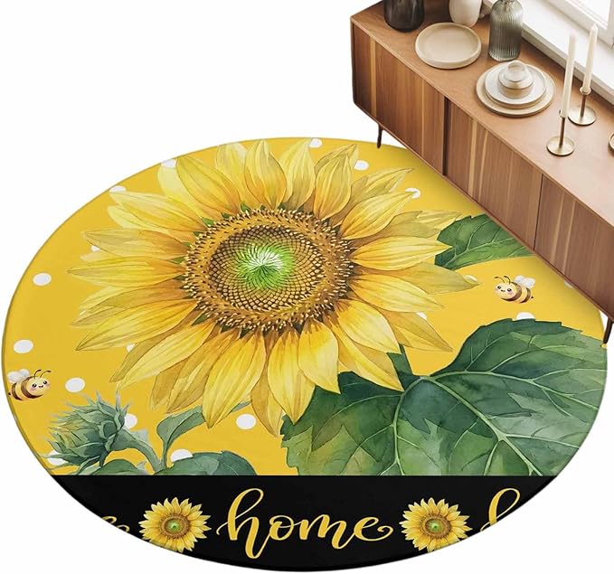 Washable Round Area Rug Summer Watercolor Sunflowers Bees Circle Rugs Floor Carpet for Living Room Bedroom, Farmhouse Floral Art Soft Non Slip Round Rug 3ft