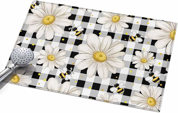 Area Rug 2x3ft, Farmhouse Blossom Flower Bee Washable Rugs for Living Room Bedroom, Spring Daisy Black White Plaid Soft Non-Slip Area Rugs Rectangle Floor Carpet for Dining Room