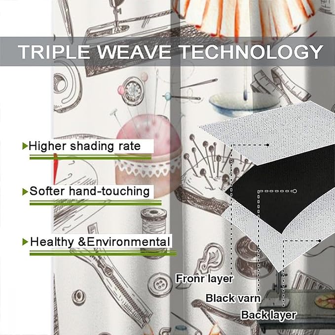 Sewing Machine Blackout Curtain,Vintage Retro Dress Bowknot Pattern Girls Women Window Curtains Dining Room Living Room Kitchen Cafe Bedroom Office Drapes,52x84 in