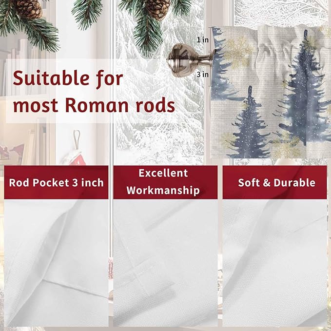 Christmas Deer Swag Valance Curains Elk in Forest Blue Trees Snowflake Linen Sole Rod Pocket Kitchen Curtains Scalloped Window Treatment Valances Swag for Living Room Bedroom, 1 Pair, 36"W x 45"L