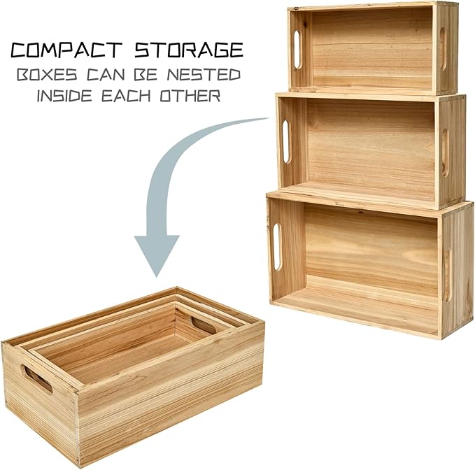 Set of 3 Wooden Boxes for Storage Small Crates for Display and Organizing, Farmhouse Style Storage Boxes for Crafts, Decor, Home Pantry and Living Room