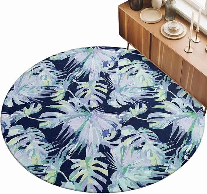 Washable Round Area Rug Watercolor Blue Teal Palm Leaves Circle Rugs Floor Carpet for Living Room Bedroom, Abstract Botanical Soft Non Slip Round Rug 3ft