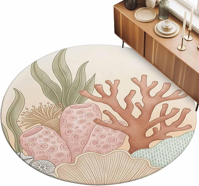Washable Round Area Rug Ocean Coral Seaweed Shell Reef Circle Rugs Floor Carpet for Living Room Bedroom, Watercolor Marine Theme Soft Non Slip Round Rug 3ft