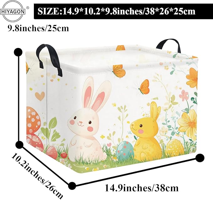 HIYAGON Rectangular Easter Gift Basket Kids Storage Basket for Boys Bunny Room Decor Cute Toy Storage Organizer Bins Bedroom(Colorful Easter Bunny)