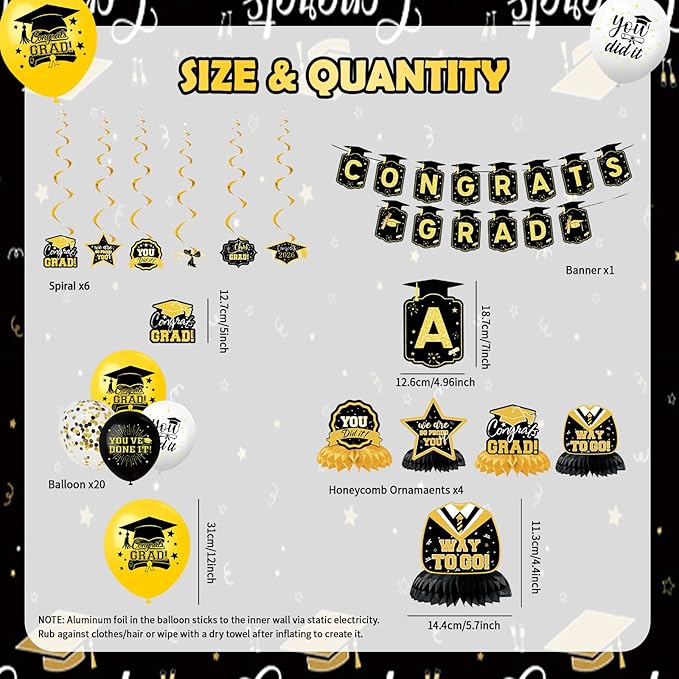 Graduation Decorations 2026 Set - Congrats Grad Banner, Class of 2026 Backdrop, Couplet, Honeycomb,Spiral, Photo Prop Frame Graduation Theme Masks Tablecloth Balloons Kit for Grad Party Decorations