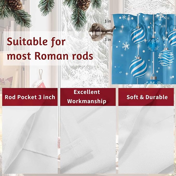 Prime Leader Blue Christmas Balls Swag Valance Curains Xmas Snowflake Christmas Rod Pocket Kitchen Curtains Scalloped Window Treatment Valances Swag for Living Room Bedroom, 1 Pair, 36" W x 45" L