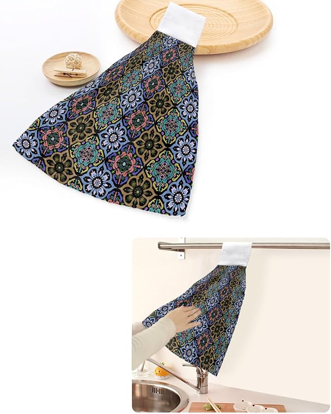 Alandar Home Kitchen Tie Towel Set of 2, Damask Baroque Ethnic Floral Bohemian Absorbent Soft Hand Towels for Bathroom Hanging Towels, Rhombus Geometric Art Fast Drying Cleaning Cloth with Loop