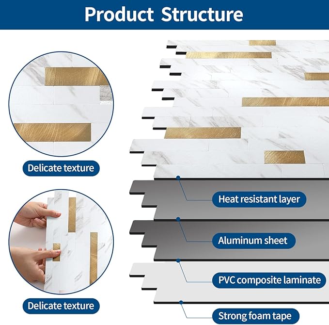 Yipscazo 5 Sheets Peel and Stick Stone Metal Tile Backsplash, Stick on Tiles for Backsplash Kitchen, Bathroom, Laundry Room, Camper, Fireplace (12'' X 12'', White Stone with Gold)