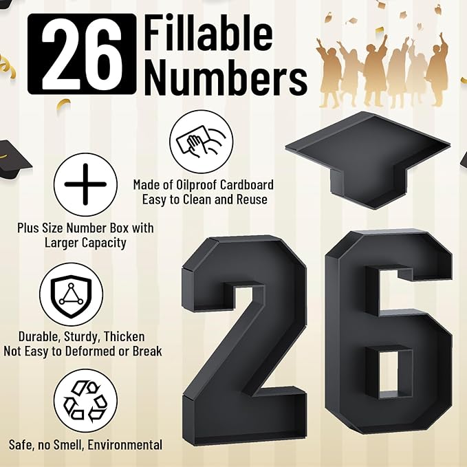 26 Fillable Number for Charcuterie with Grad Cap Shaped Cardboard Tray Black 2026 Graduation Party Decorations 13.8'' Pre-cut Board Storage Decorative Paper Mache Box College Grad Table Supplies
