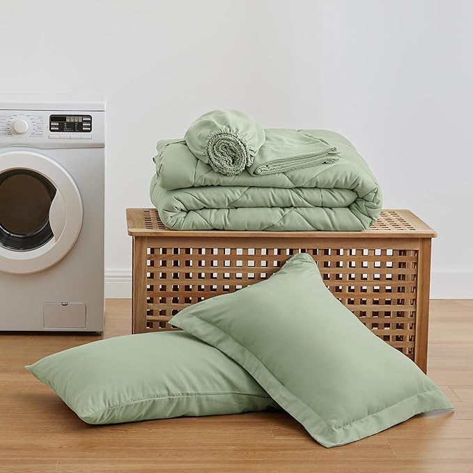 Love's cabin Twin Comforter Set Sage, 5 Pieces Twin Bed in a Bag, All Season Bedding Sets with 1 Comforter, 1 Flat Sheet, 1 Fitted Sheet, 1 Pillowcase and 1 Pillow Sham | Soft, Breathable, Lightweight, Comfortable