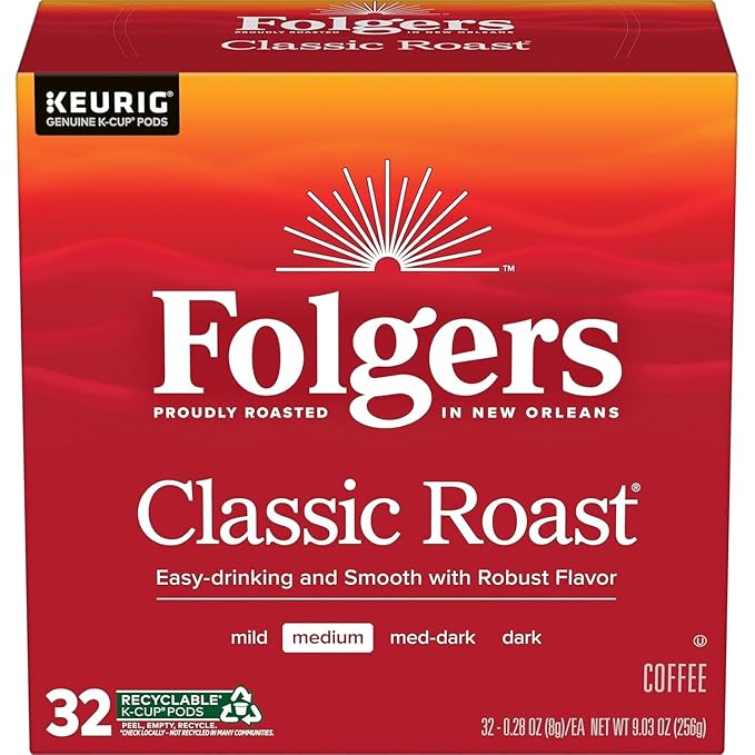 Folgers Classic Roast, Medium Roast Coffee, Keurig K-Cup Pods, 32 Count Boxes (Pack of 4)