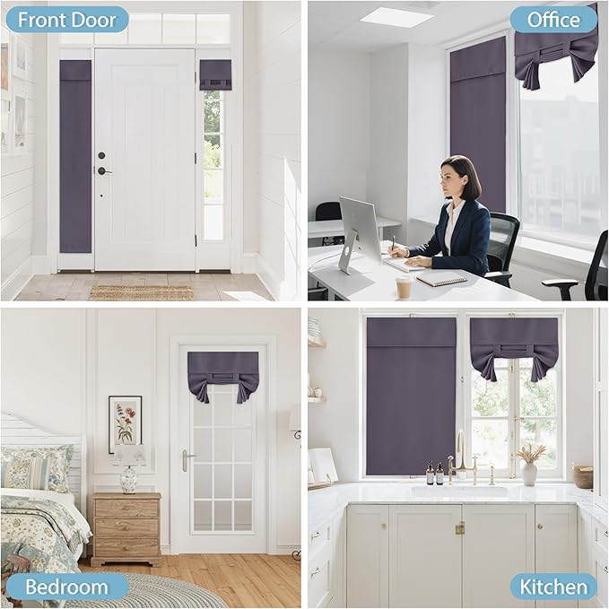 RYB HOME Blackout Door Curtains - Privacy French Door Shades Self Sticky Thermal Insulated Vertical Blinds Tricia Drapery for Sidelight Curtain, W26 x L40 inch, 1 Panel, Grayish Purple