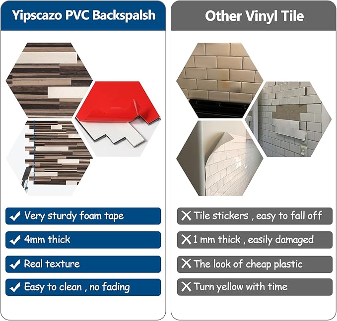 Yipscazo 10 Sheets Peel and Stick Stone Metal Tile Backsplash, Stick on Tiles for Backsplash Kitchen, Bathroom, Laundry Room, Camper, Fireplace (12'' X 12'', Brown Wood)