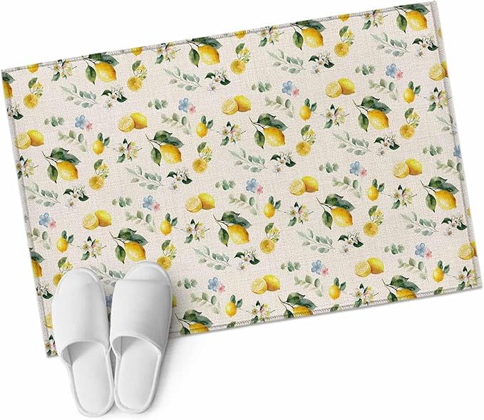 Area Rug 2x3ft, Country Lemon Flower Leaf Washable Rugs for Living Room Bedroom, Pastoral Fruit Plant Vintage Linen Soft Non-Slip Area Rugs Rectangle Floor Carpet for Dining Room