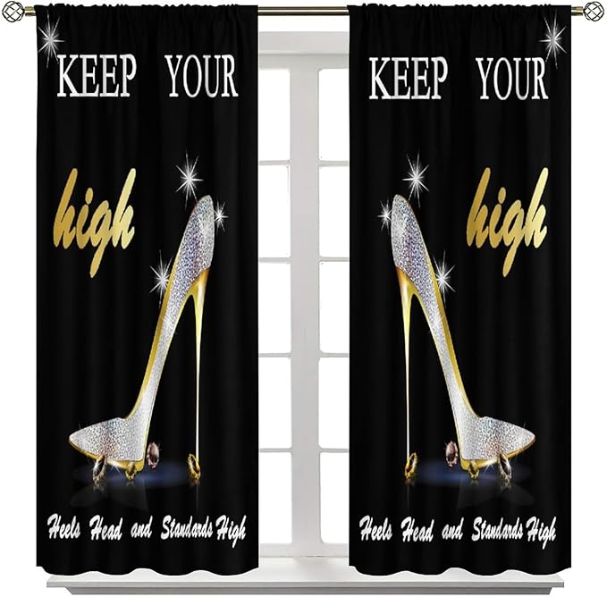 High Heels Curtain,Luxury Silver Glitter Black Stars Girl Women Cloth Farbic Window Treatment Curtains Bedroom Cafe Dining Room Office Living Room Kitchen Drapes, 52x96 in