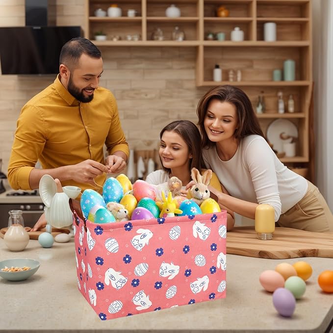 Large Rectangular Cute Kid Easter Basket Empty Bunny Eggs Easter Basket Gift Spring Room Storage Organizer Décor (Rabbit Pink Background)