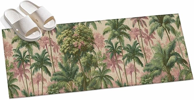 Runner Rug for Bedroom Hallway, Exotic Forest Green Pink Palms Tree Kitchen Runner Rugs Area Rug 2x6ft, Vintage Botantical Washable Soft Floor Carpet for Entryway Stair