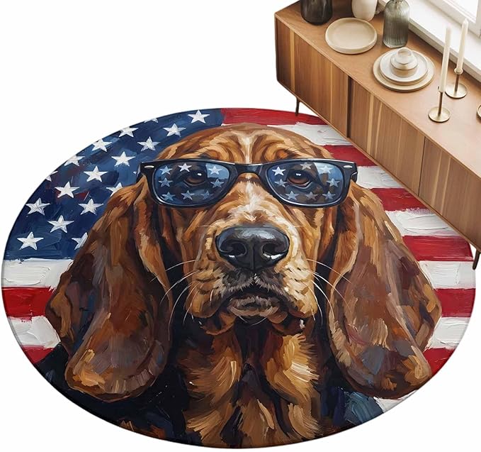 Washable Round Area Rug Independence Day USA Flag Circle Rugs Floor Carpet for Living Room Bedroom, Basset Hound Patriotic Sunglasses Soft Non Slip Round Rug 5ft