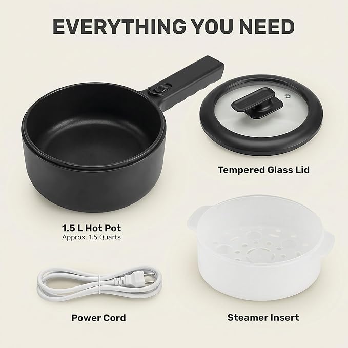 Hot Pot Electric 1.5L CERAMAX, Non-Toxic Ceramic Noodle Cooker Skillet with Steamer & Lid for Ramen, Pasta, Eggs, Soup - Fast Heating, Portable for Dorms, Camping, RVs, Office, Adjustable Temperature