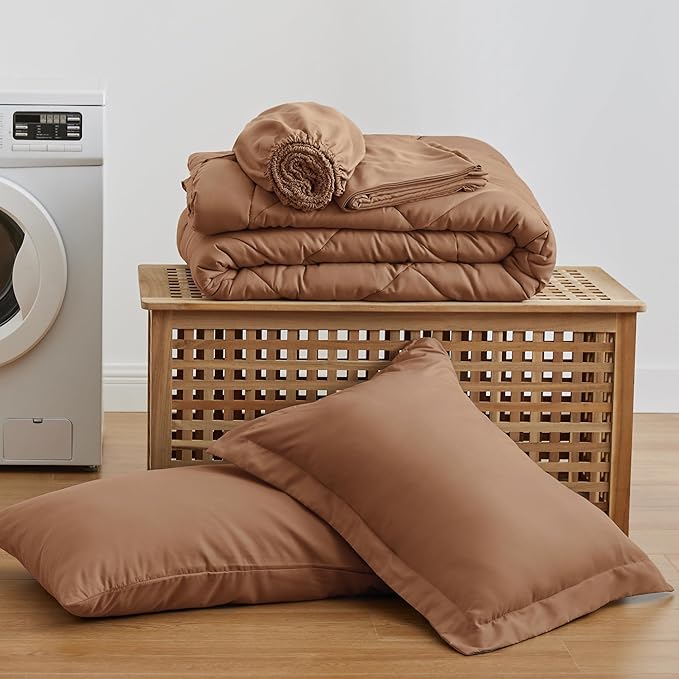 Love's cabin Twin XL Comforter Set Mocha Mousse, 5 Pieces Twin XL Bed in a Bag, All Season Bedding Sets with 1 Comforter, 1 Flat Sheet, 1 Fitted Sheet, 1 Pillowcase and 1 Pillow Sham | Soft, Breathable, Lightweight, Comfortable