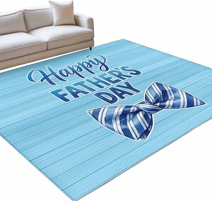 Area Rug 3x5ft, Father's Day Vintage Plank Washable Rugs for Living Room Bedroom, Cartoon Blue Stripes Bow Soft Non-Slip Area Rugs Rectangle Floor Carpet for Dining Room