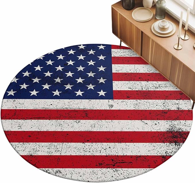 Washable Round Area Rug Independence Day Stars Stripes Retro Circle Rugs Floor Carpet for Living Room Bedroom, Patriotic Flag Red Blue Soft Non Slip Round Rug 3ft