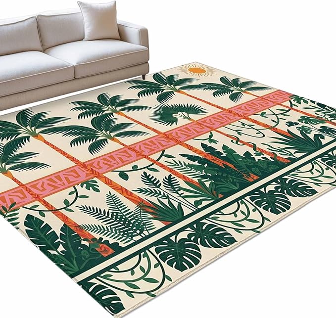 Area Rug 4x6ft, Vintage Sage Green Tall Palm Trees Washable Rugs for Living Room Bedroom, Summer Tropical Plants Soft Non-Slip Area Rugs Rectangle Floor Carpet for Dining Room
