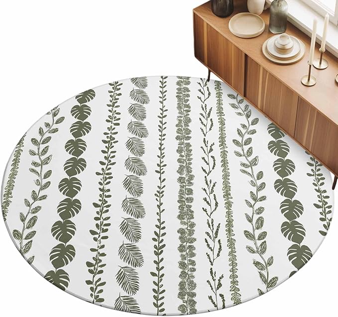 Washable Round Area Rug Summer Tropical Leaf Seamless Circle Rugs Floor Carpet for Living Room Bedroom, Farmhouse Green Leaves Plant Soft Non Slip Round Rug 5ft