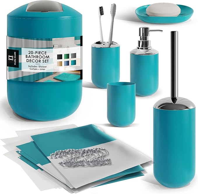Clara Clark Bathroom Set - Teal Bathroom Accessories Set, 20PC Bathroom Accessory Set, Shower Curtain Set with Liner, Toothbrush Holder, Soap Dispenser, Soap Dish, Toilet Brush Holder, and Trash Can