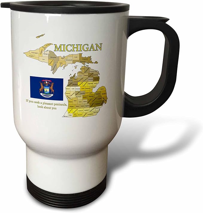 3dRose Flag, Map and Motto of Michigan with All Counties Labeled Travel Mug, 14 oz, White