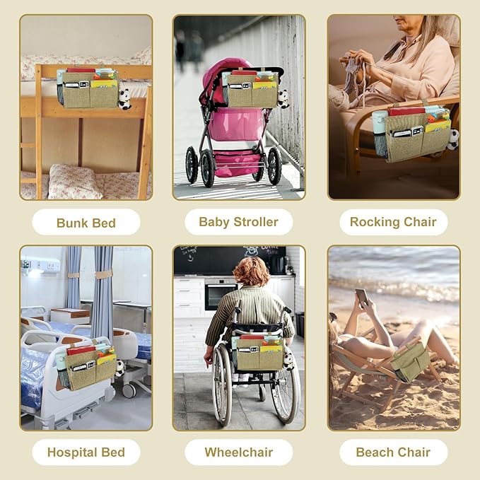 Surblue Bedside Caddy Hanging Bed Organizer Storage Bag Pocket for Bunk and Hospital Beds, College Dorm Rooms Baby Bed Rails, Camp 4 Pockets and 2 Hooks (Small,Linen)