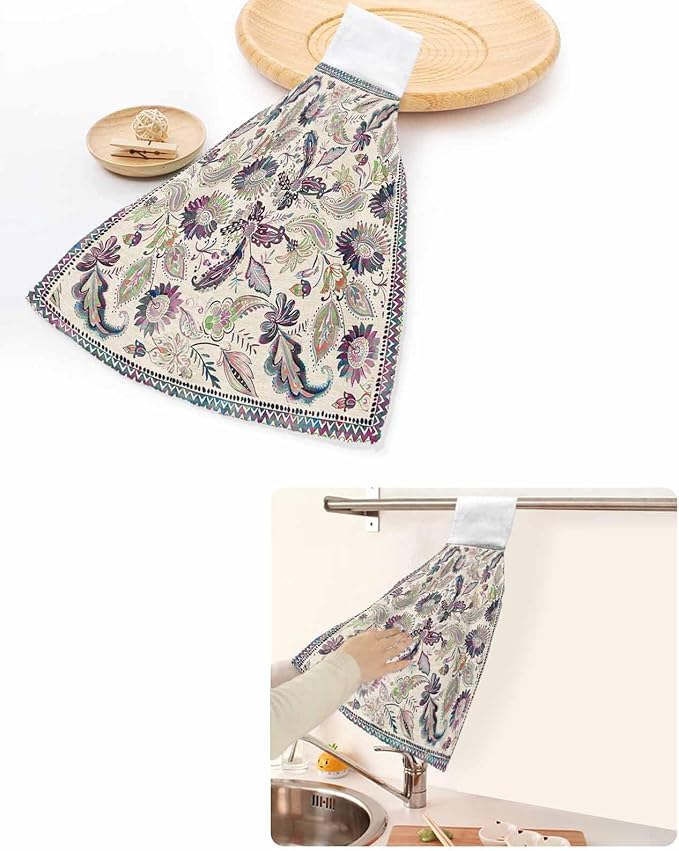 Alandar Home Kitchen Tie Towel Set of 1, Paisley Style Flowers Absorbent Soft Hand Towels for Bathroom Hanging Towels, Abstract Ethnic Floral Art Fast Drying Cleaning Cloth with Loop