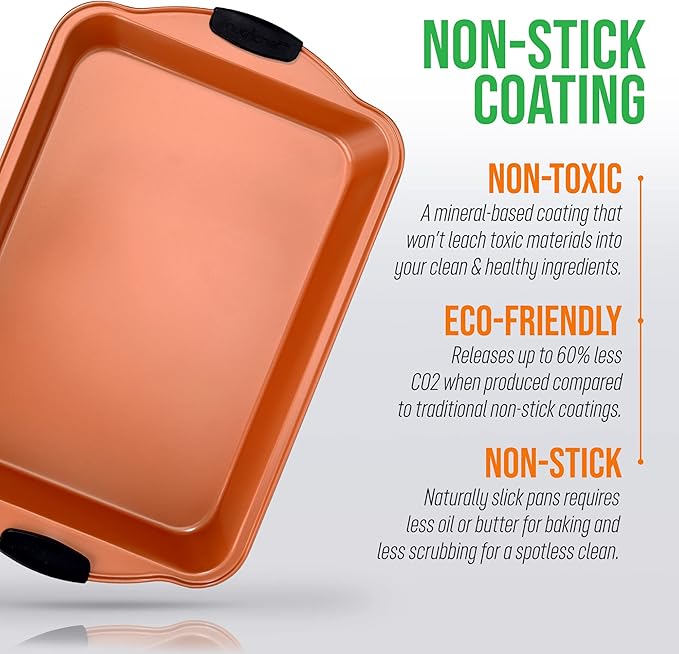 NutriChef 17 Inch x 11 Inch Nonstick Cake Pan, Deluxe Gold Carbon Steel Bakeware W/ Blue Silicone Handles, Ideal for Baking Cakes, Muffins, Loafs, Premium Metal Pan, Compatible with Model NCSBSG36