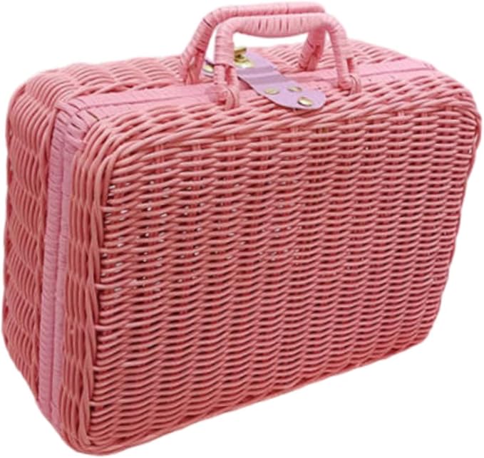 Handwoven Rattan Storage Basket with Handles, Vintage Decorative Suitcase Box for Gift Packaging, Home Organization, Photography Prop, Multipurpose Large Capacity