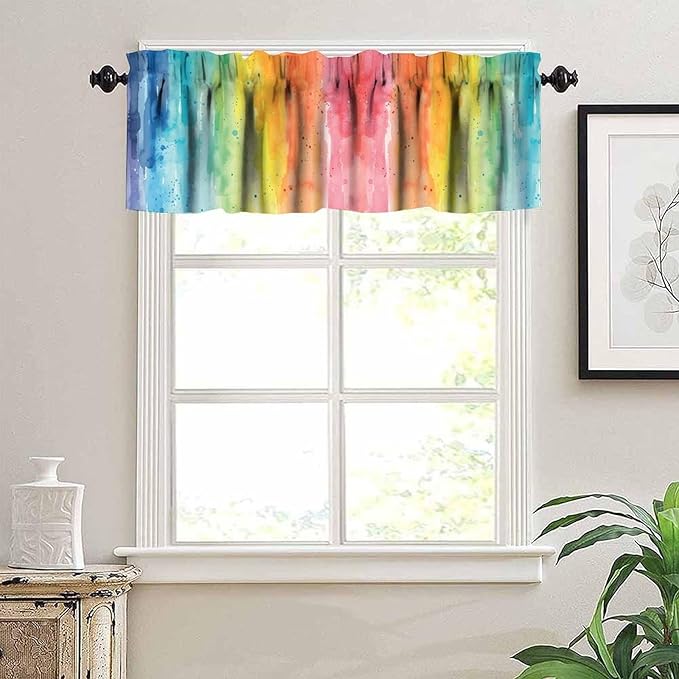 Rainbow Watercolor Valance Curtain, Colorful Colour Pigment Stripe Short Window Treatment for Kids Boys Girls Kitchen Bedroom Nursery Decor, 54x18Inch
