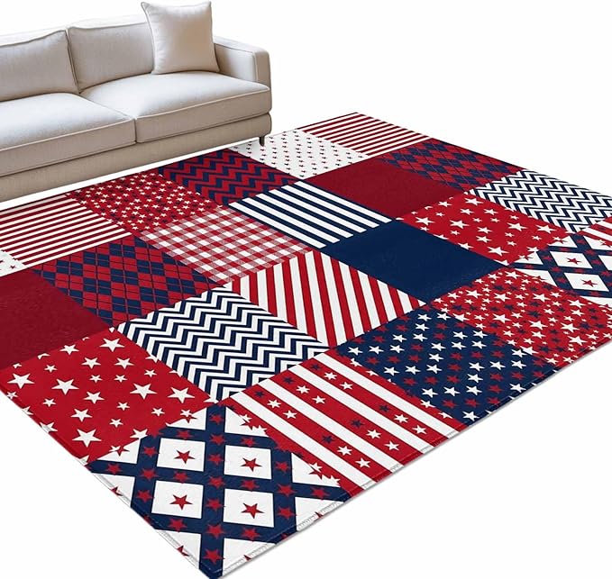 Area Rug 9x12ft, Abstract Splicing Stars Stripes Washable Rugs for Living Room Bedroom Rectangle Floor Carpet, Independence Day Red Blue White Soft Non-Slip Area Rugs for Dining Room