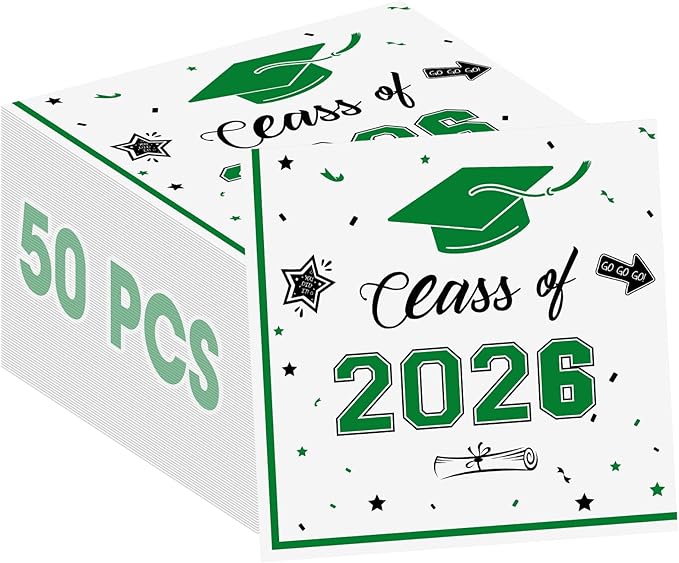 50 Pcs Graduation Napkins Decorations - Green Class of 2026 Congrats GRAD 3-Ply Paper Cocktail Dinner Napkins Set for 2026 Graduation Party Supplies Table Decor Favors, 6.5 x 6.5 Inch