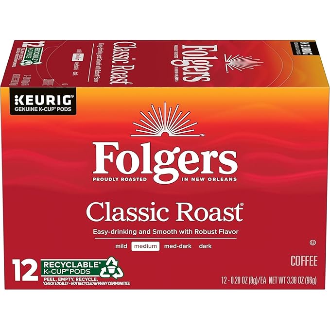 Folgers Classic Roast, Medium Roast Coffee, Keurig K-Cup Pods, 12 Count Boxes (Pack of 6)